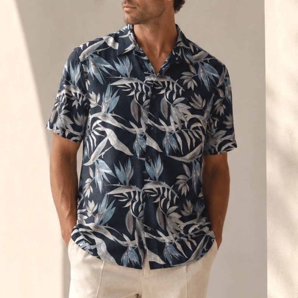 Club Monaco Slim Fit Tropical Bird of Paradise Print Cotton Shirt Mens Large a4